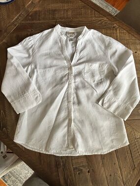Talbots White Collarless Popover Top-100% linen